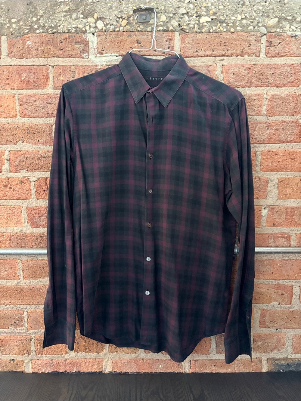 Theory Men's Dark Burgundy and Black Plaid Button-Down Shirt